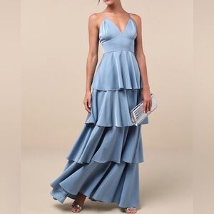 NWT Going with Elegance Slate Blue Satin Tiered Gown